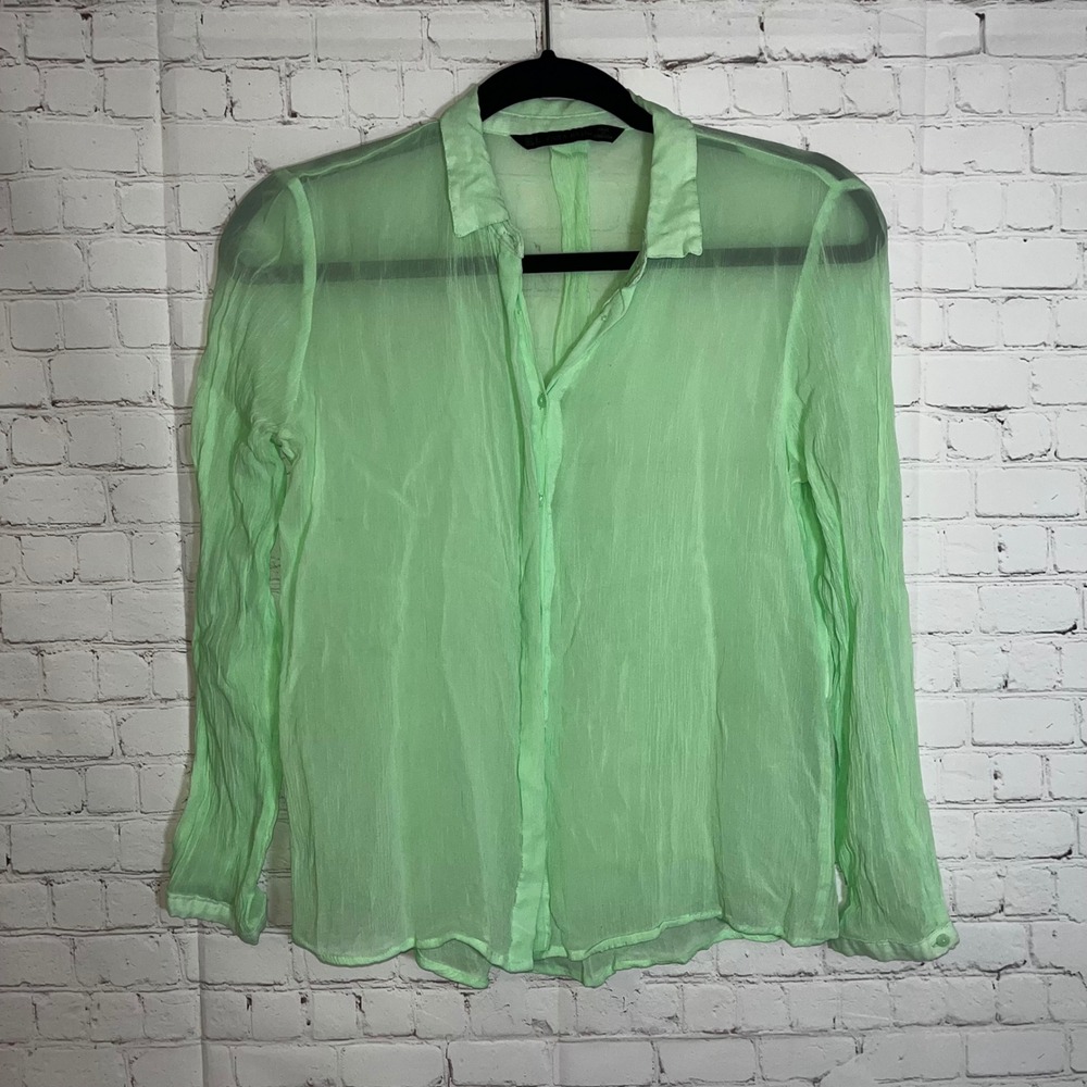 Zara Basic Mint Green Sheer Crinkled‎ Button Down Blouse Long Sleeve Small
